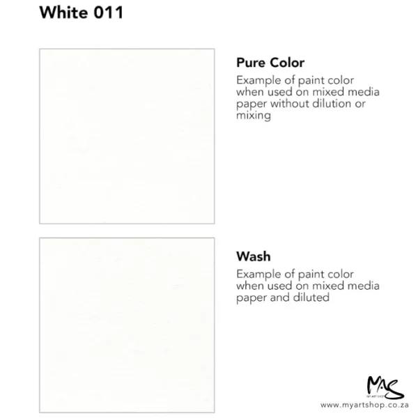A colour chart for White Daler Rowney FW Acrylic Ink. There are two colour block squares along the left hand side of the frame with text to the right of each square. The name of the colour is shown at the top of the frame. On a white background.