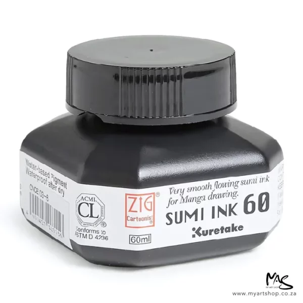 A single bottle of ZIG Cartoonist Sumi Black Ink can be seen in the center of the frame. The bottle is frosted plastic and has a black plastic screw on lid. There is a label around the body of the bottle with the product name. You can see the coloured ink through the bottle. The image is on a white background.