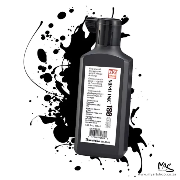 A single bottle of ZIG Cartoonist Sumi Black Ink 180ml is shown in the center of the frame. The bottle is black plastic and is rectangular in shape. There is a white label on the front of the bottle with black text. There is a black ink splatter behind the bottle. The image is center of the frame and on a white background.
