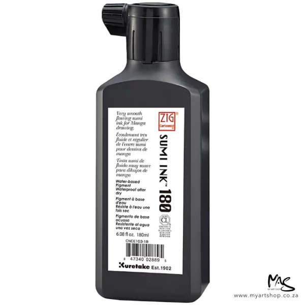 A single bottle of ZIG Cartoonist Sumi Black Ink 180ml is shown in the center of the frame. The bottle is black plastic and is rectangular in shape. There is a white label on the front of the bottle with black text. The image is center of teh frame and on a white background.