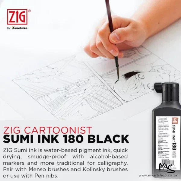 A promotional image for ZIG Cartoonist Sumi Black Ink 180ml. There is a persons hand drawing a cartoon using a paint brush with the ZIG logo in the top left hand corner of the frame and black text along the bottom of the frame, with a picture of the ink bottle in the bottom right hand corner.
