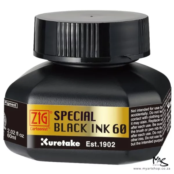 A single bottle of ZIG Cartoonist Super Black Ink can be seen in the center of the frame. The bottle is black with a black plastic screw on lid. There is a label around the body of the bottle which has black text and the ZIG logo. The image is on a white background.