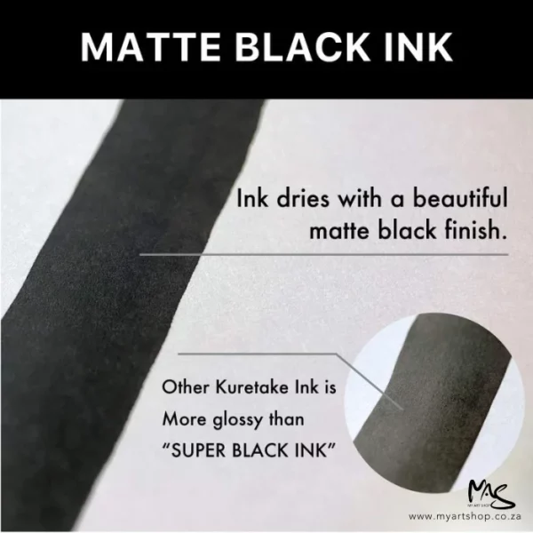 A promotional image for ZIG Cartoonist Super Black Ink. There is a black rectangle at the top of the frame with the words 'Matte Black Ink'. Below are some black stripes and text, describing the matte black properties of the ink.