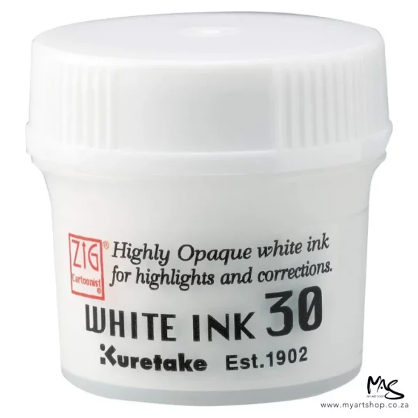 A close up of a jar of ZIG Cartoonist White Ink. The jar is white and has a white plastic screw on cap. There is a label around the body of the jar with black text describing the product. The image is center of the frame and on a white background.