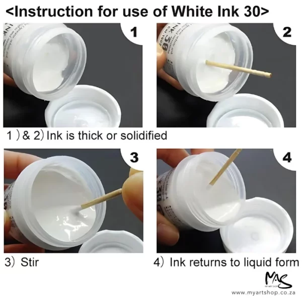 An instructional image for how to use ZIG Cartoonist White Ink. The frame is broken up into 4 quadrants and each quadrant shows an image of how to use the ink. There is text explaining each point. On a white background.