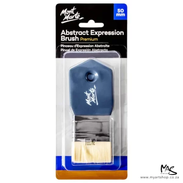 A Mont Marte Abstract Expression Brush 50mm can be seen in it's packaging, vertically, in the center of the frame. The packaging has a printed cardboard backing and a clear plastic top that hols the brush inside. The brush can be seen through the packaging. The brush has a grey handle with the Mont Marte logo printed on eth handle and natural coloured brush bristles. The package is a hang pack. On a white background.