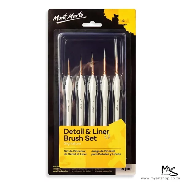 A Mont Marte Detail and Liner Brush Set 5 piece is shown in the center of the frame. The brushes are in a hang pack, which has a black cardboard backing board with the Mont Marte logo printed in the top left hand corner. The brushes are held to the backing board with a clear plastic case that has a yellow label printed on it describing the set. The brushes have white plastic handles. On a white background.