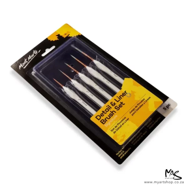 A Mont Marte Detail and Liner Brush Set 5 piece is shown in the center of the frame. The brushes are in a hang pack, which has a black cardboard backing board with the Mont Marte logo printed in the top left hand corner. The brushes are held to the backing board with a clear plastic case that has a yellow label printed on it describing the set. The brushes have white plastic handles. On a white background.