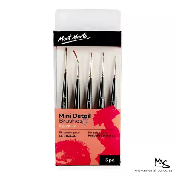 The front of the packaging of a Mont Marte Mini Detail Brush Set 5 Piece is shown vertically in the center of the frame. The set is enclosed in a clear plastic hang pack case. There is a printed label on the inside of the box with black text and the Mont Marte Logo. The image is on a white background.