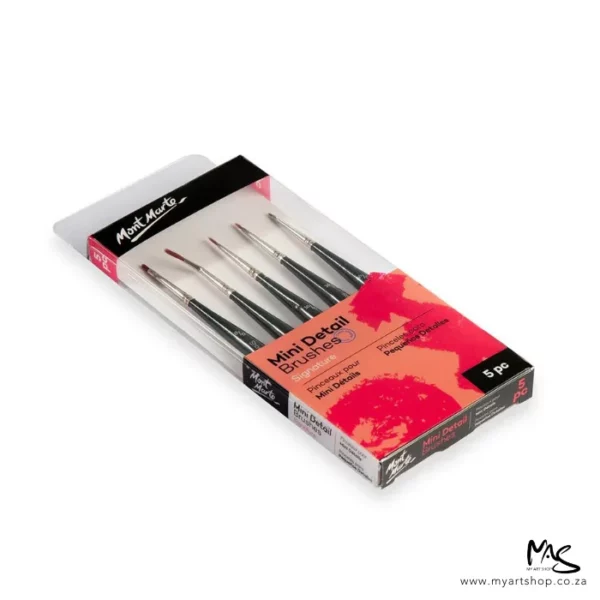 The front of the packaging of a Mont Marte Mini Detail Brush Set 5 Piece is shown vertically and slightly diagonally in the center of the frame. The set is enclosed in a clear plastic hang pack case. There is a printed label on the inside of the box with black text and the Mont Marte Logo. The image is on a white background.