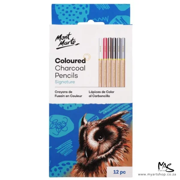 A Mont Marte Signature Coloured Charcoal Pencil Set is shown vertically in the center of the frame. The carboard box is white and there is a picture of an owl in the bottom right hand corner of teh box. The Mont Marte logo and black text is printed on the box. On a white background.