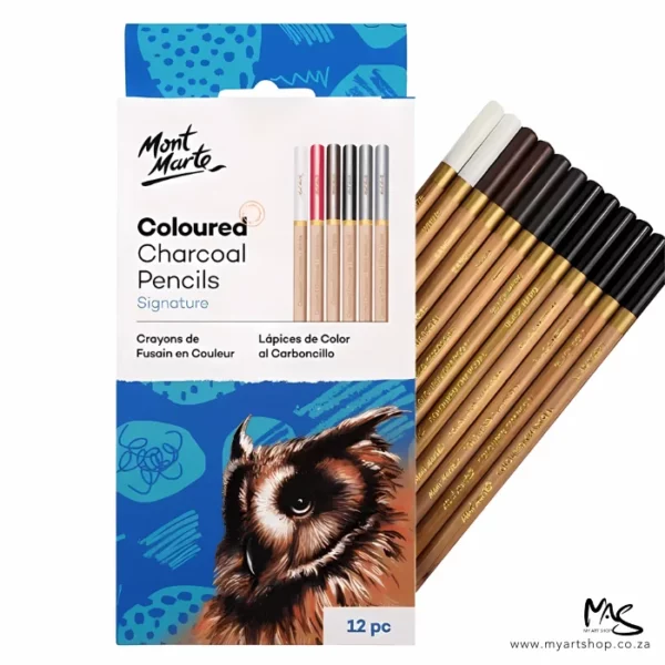 A set of Mont Marte Signature Coloured Charcoal Pencils can be seen in the frame with the loose pencils pearing out from behind the box set. The box is cardboard and printed with an image of an owl. There is black text on the box and the Mont Marte label. The pencils have a wooden barrel and a coloured dipped end which reflects the colour of the pencil. On a white background.