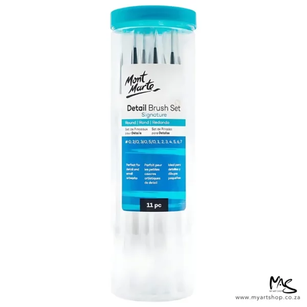 A Mont Marte Signature Detail Brush Set 11 piece can be seen in the center of the frame vertically. The brushes are encased in a clear plastic tube with e light blue lid. There is a label on the plastic tube with the Mont Marte logo and black text, describing the contents of the set. On a white background. The image shows the back of the tube.