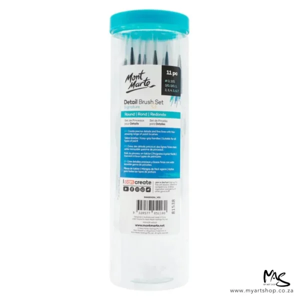 A Mont Marte Signature Detail Brush Set 11 piece can be seen in the center of the frame vertically. The brushes are encased in a clear plastic tube with e light blue lid. There is a label on the plastic tube with the Mont Marte logo and black text, describing the contents of the set. On a white background.