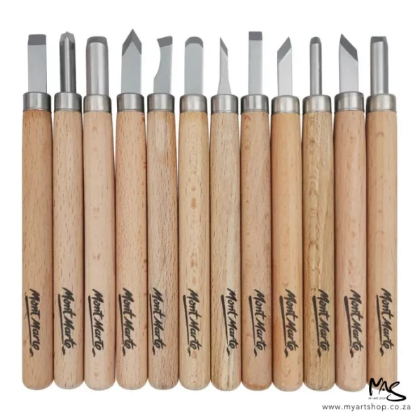 The tools from the Mont Marte Wood Carving Set can be seen lined up vertically next to each other in the frame. The tools have wooden handles and metal blades of different shapes and sizes. The Mont Marte logo is printed in black and the bottom of teach wooden handle. On a white background.