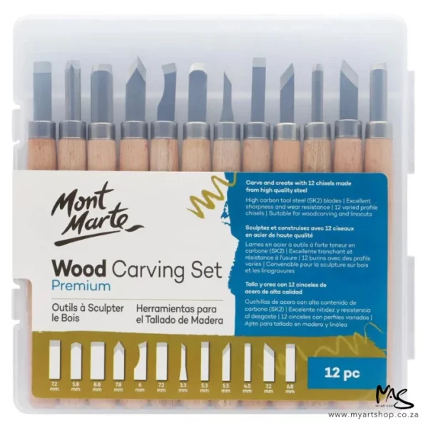 The front of the Mont Marte Wood Carving Set is shown in the center of the frame. The 12 tools are encased in a hard, clear plastic case. You can see the tools lined up next to each other vertically in the set. The tools have wooden handles and metal blades of different shapes. There is a label on the plastic box with the Mont Marte logo and other text describing the contents of the set. On a white background.