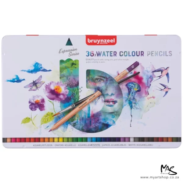 36's Bruynzeel Expression Aquarelle Pencils Tin. A single tin is shown in the center of the frame on a white background. The tin is white and the image is seen vertically. The top of the tin is printed with a colourful b and shows an image of a pencil and a paint brush