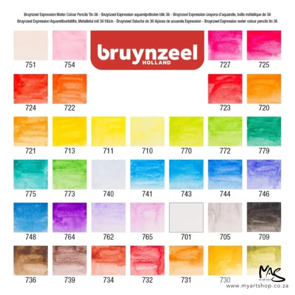 A colour chart of the pencils inside the 36's Bruynzeel Expression Aquarelle Pencils Tin Set.