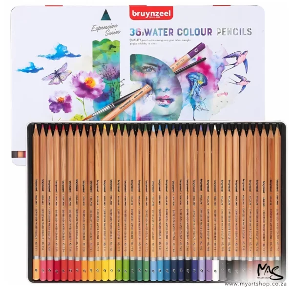 36's Bruynzeel Expression Aquarelle Pencils Tin. A closed tin is seen along the left hand side of the frame and an open set is shown coming out from behind the sealed set horizontally. You can see the pencils inside the tin. The pencils are wooden with a coloured end for easy identification. The image is center of the frame and on white background