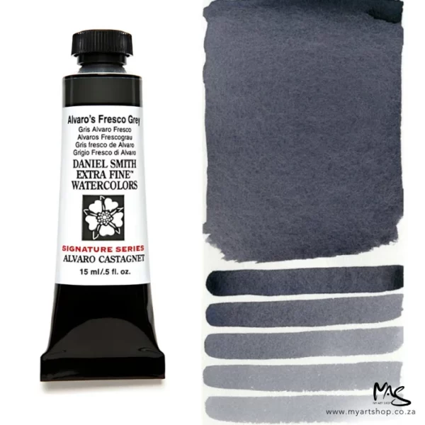 A tube of Alvaro's Fresco Grey S2 Daniel Smith Watercolour Paint is shown in the frame, to the left hand side of the frame vertically. The tube has a black plastic cap and a black base. The center of the tube is white and there is a colour band at the top of the tube, below the cap, that indicates the colour of the paint. There is black text on the front of the tube with the brand name and logo. To the right of the tube is a colour swatch which was made using the paint. In the colour swatch, you can see the paint undiluted and in a diluted form. The image is on a white background and is center of the frame.
