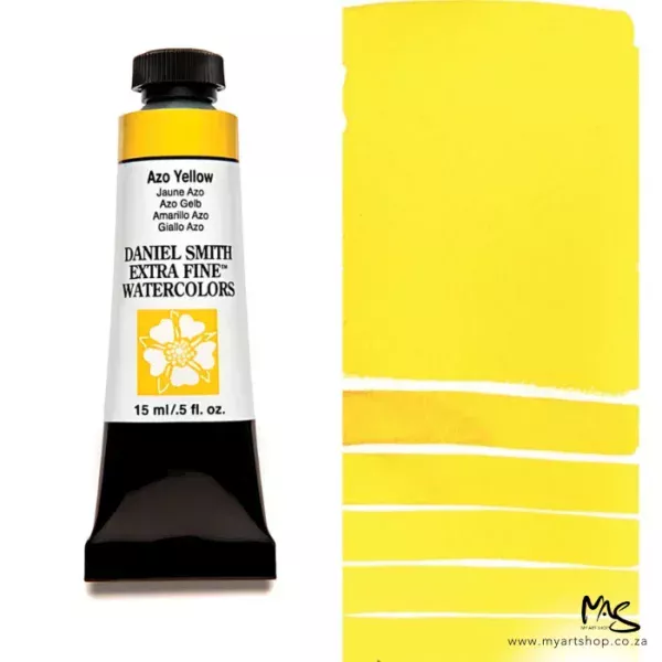 A tube of Azo Yellow S3 Daniel Smith Watercolour Paint is shown in the frame, to the left hand side of the frame vertically. The tube has a black plastic cap and a black base. The center of the tube is white and there is a colour band at the top of the tube, below the cap, that indicates the colour of the paint. There is black text on the front of the tube with the brand name and logo. To the right of the tube is a colour swatch which was made using the paint. In the colour swatch, you can see the paint undiluted and in a diluted form. The image is on a white background and is center of the frame.
