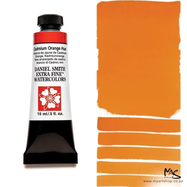 A tube of Cadmium Orange Hue S3 Daniel Smith Watercolour Paint is shown in the frame, to the left hand side of the frame vertically. The tube has a black plastic cap and a black base. The center of the tube is white and there is a colour band at the top of the tube, below the cap, that indicates the colour of the paint. There is black text on the front of the tube with the brand name and logo. To the right of the tube is a colour swatch which was made using the paint. In the colour swatch, you can see the paint undiluted and in a diluted form. The image is on a white background and is center of the frame.