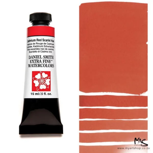 A tube of Cadmium Red Scarlet Hue S3 Daniel Smith Watercolour Paint is shown in the frame, to the left hand side of the frame vertically. The tube has a black plastic cap and a black base. The center of the tube is white and there is a colour band at the top of the tube, below the cap, that indicates the colour of the paint. There is black text on the front of the tube with the brand name and logo. To the right of the tube is a colour swatch which was made using the paint. In the colour swatch, you can see the paint undiluted and in a diluted form. The image is on a white background and is center of the frame.