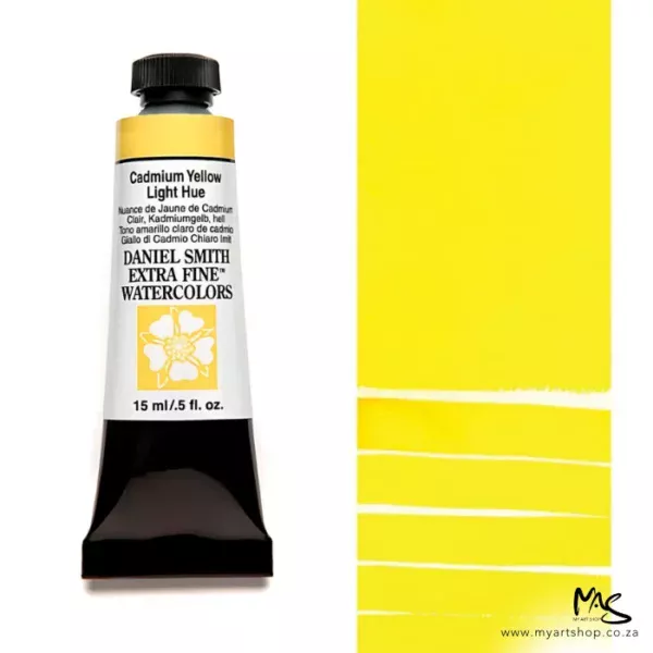 A tube of Cadmium Yellow Light Hue S3 Daniel Smith Watercolour Paint is shown in the frame, to the left hand side of the frame vertically. The tube has a black plastic cap and a black base. The center of the tube is white and there is a colour band at the top of the tube, below the cap, that indicates the colour of the paint. There is black text on the front of the tube with the brand name and logo. To the right of the tube is a colour swatch which was made using the paint. In the colour swatch, you can see the paint undiluted and in a diluted form. The image is on a white background and is center of the frame.