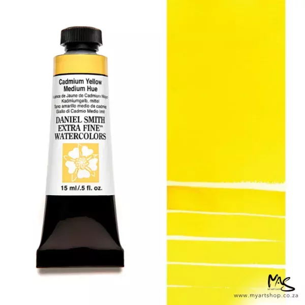 A tube of Cadmium Yellow Medium Hue S3 Daniel Smith Watercolour Paint is shown in the frame, to the left hand side of the frame vertically. The tube has a black plastic cap and a black base. The center of the tube is white and there is a colour band at the top of the tube, below the cap, that indicates the colour of the paint. There is black text on the front of the tube with the brand name and logo. To the right of the tube is a colour swatch which was made using the paint. In the colour swatch, you can see the paint undiluted and in a diluted form. The image is on a white background and is center of the frame.