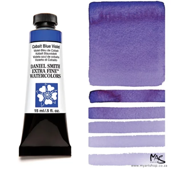 A tube of Cobalt Blue Violet S3 Daniel Smith Watercolour Paint is shown in the frame, to the left hand side of the frame vertically. The tube has a black plastic cap and a black base. The center of the tube is white and there is a colour band at the top of the tube, below the cap, that indicates the colour of the paint. There is black text on the front of the tube with the brand name and logo. To the right of the tube is a colour swatch which was made using the paint. In the colour swatch, you can see the paint undiluted and in a diluted form. The image is on a white background and is center of the frame.