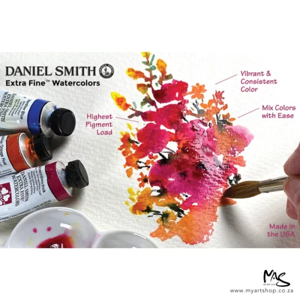 A promotional image for Daniel Smith Watercolours. There are three tubes coming out of the left hand side of the frame. To the right is a persons hand holding a paint brush painting some flowers in pinks and oranges. There is text and lines pointing to various parts of the image that describe the paints.