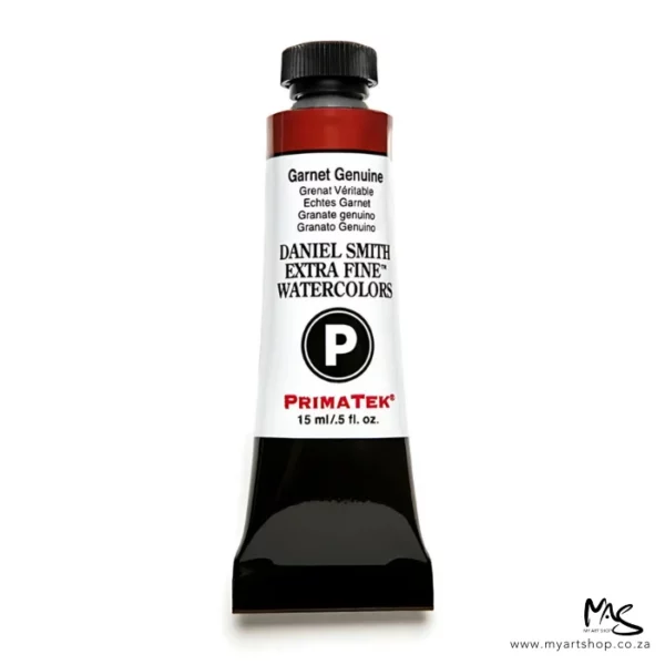 A tube of Garnet Genuine S4 Daniel Smith Watercolour Paint is shown in the center of the frame. The tube has a black plastic cap and a black base. The center of the tube is white and there is a colour band at the top of the tube, below the cap, that indicates the colour of the paint. There is black text on the front of the tube with the brand name and logo. The cap is facing the top of the frame. The image is center of the frame and on a white background.