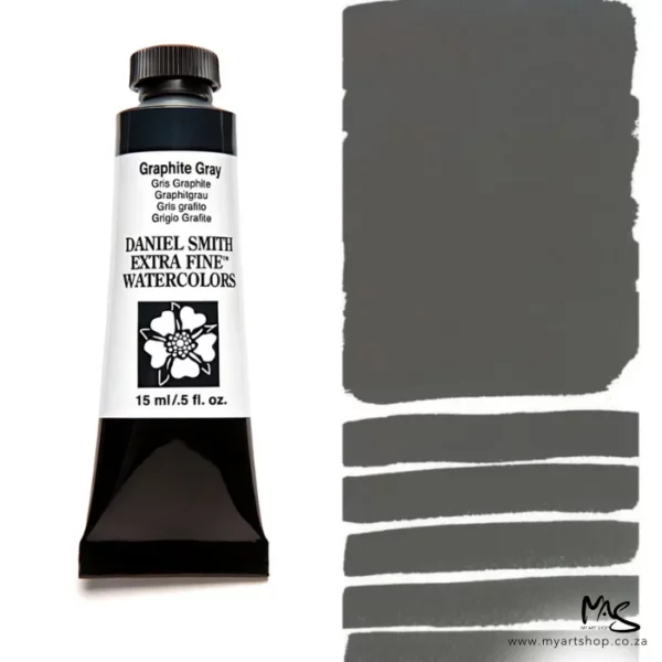 A tube of Graphite Gray S1 Daniel Smith Watercolour Paint is shown in the frame, to the left hand side of the frame vertically. The tube has a black plastic cap and a black base. The center of the tube is white and there is a colour band at the top of the tube, below the cap, that indicates the colour of the paint. There is black text on the front of the tube with the brand name and logo. To the right of the tube is a colour swatch which was made using the paint. In the colour swatch, you can see the paint undiluted and in a diluted form. The image is on a white background and is center of the frame.