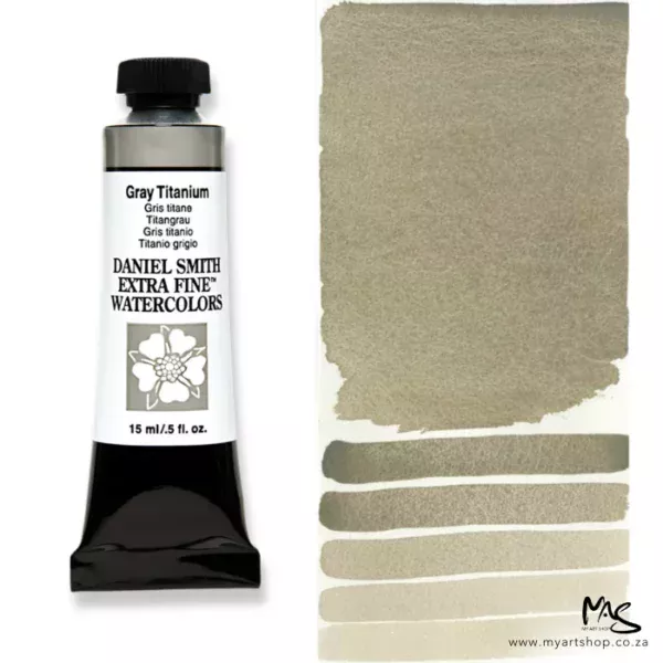 A tube of Gray Titanium S1 Daniel Smith Watercolour Paint is shown in the frame, to the left hand side of the frame vertically. The tube has a black plastic cap and a black base. The center of the tube is white and there is a colour band at the top of the tube, below the cap, that indicates the colour of the paint. There is black text on the front of the tube with the brand name and logo. To the right of the tube is a colour swatch which was made using the paint. In the colour swatch, you can see the paint undiluted and in a diluted form. The image is on a white background and is center of the frame.