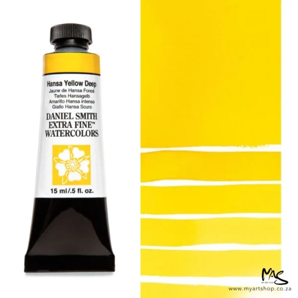A tube of Hansa Yellow Deep S1 Daniel Smith Watercolour Paint is shown in the frame, to the left hand side of the frame vertically. The tube has a black plastic cap and a black base. The center of the tube is white and there is a colour band at the top of the tube, below the cap, that indicates the colour of the paint. There is black text on the front of the tube with the brand name and logo. To the right of the tube is a colour swatch which was made using the paint. In the colour swatch, you can see the paint undiluted and in a diluted form. The image is on a white background and is center of the frame.