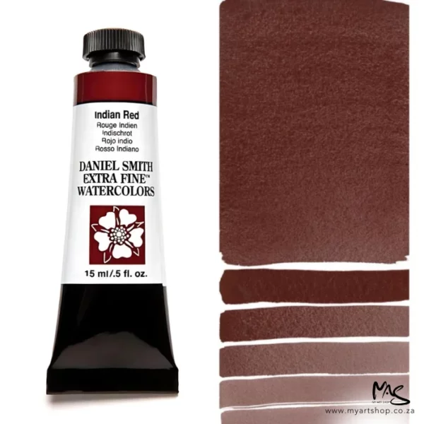 A tube of Indian Red S1 Daniel Smith Watercolour Paint is shown in the frame, to the left hand side of the frame vertically. The tube has a black plastic cap and a black base. The center of the tube is white and there is a colour band at the top of the tube, below the cap, that indicates the colour of the paint. There is black text on the front of the tube with the brand name and logo. To the right of the tube is a colour swatch which was made using the paint. In the colour swatch, you can see the paint undiluted and in a diluted form. The image is on a white background and is center of the frame.