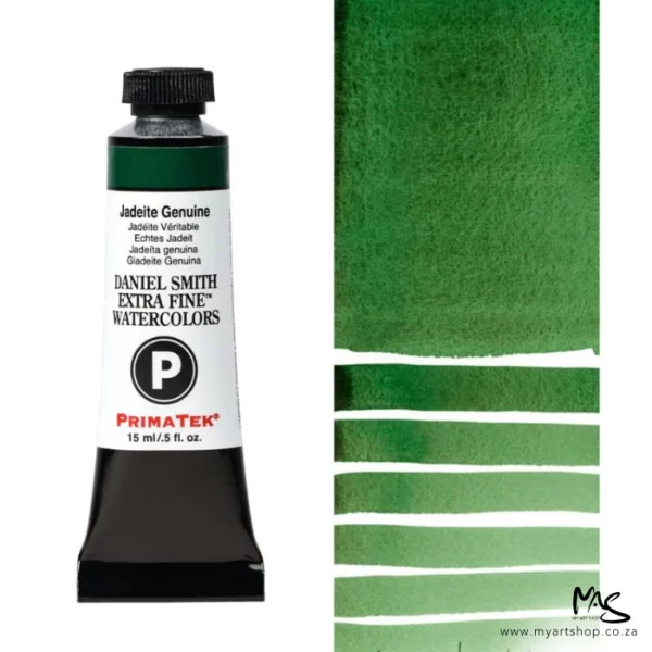 A tube of Jadeite Genuine S4 Daniel Smith Watercolour Paint is shown in the frame, to the left hand side of the frame vertically. The tube has a black plastic cap and a black base. The center of the tube is white and there is a colour band at the top of the tube, below the cap, that indicates the colour of the paint. There is black text on the front of the tube with the brand name and logo. To the right of the tube is a colour swatch which was made using the paint. In the colour swatch, you can see the paint undiluted and in a diluted form. The image is on a white background and is center of the frame.
