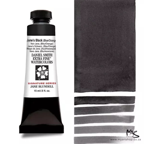 A tube of Jane's Black (Blue/Orange) S2 Daniel Smith Watercolour Paint is shown in the frame, to the left hand side of the frame vertically. The tube has a black plastic cap and a black base. The center of the tube is white and there is a colour band at the top of the tube, below the cap, that indicates the colour of the paint. There is black text on the front of the tube with the brand name and logo. To the right of the tube is a colour swatch which was made using the paint. In the colour swatch, you can see the paint undiluted and in a diluted form. The image is on a white background and is center of the frame.