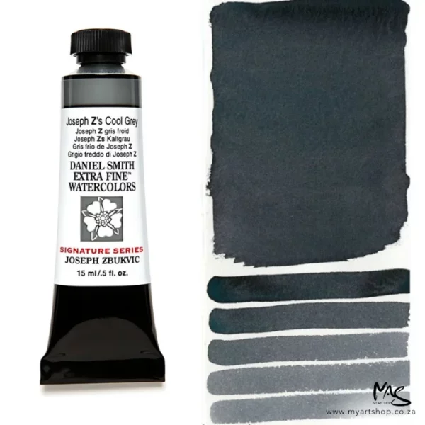 A tube of Joseph Z's Cool Grey S2 Daniel Smith Watercolour Paint is shown in the frame, to the left hand side of the frame vertically. The tube has a black plastic cap and a black base. The center of the tube is white and there is a colour band at the top of the tube, below the cap, that indicates the colour of the paint. There is black text on the front of the tube with the brand name and logo. To the right of the tube is a colour swatch which was made using the paint. In the colour swatch, you can see the paint undiluted and in a diluted form. The image is on a white background and is center of the frame.