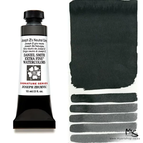 A tube of Joseph Z's Neutral Grey S2 Daniel Smith Watercolour Paint is shown in the frame, to the left hand side of the frame vertically. The tube has a black plastic cap and a black base. The center of the tube is white and there is a colour band at the top of the tube, below the cap, that indicates the colour of the paint. There is black text on the front of the tube with the brand name and logo. To the right of the tube is a colour swatch which was made using the paint. In the colour swatch, you can see the paint undiluted and in a diluted form. The image is on a white background and is center of the frame.