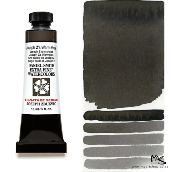 A tube of Joseph Z's Warm Grey S2 Daniel Smith Watercolour Paint is shown in the frame, to the left hand side of the frame vertically. The tube has a black plastic cap and a black base. The center of the tube is white and there is a colour band at the top of the tube, below the cap, that indicates the colour of the paint. There is black text on the front of the tube with the brand name and logo. To the right of the tube is a colour swatch which was made using the paint. In the colour swatch, you can see the paint undiluted and in a diluted form. The image is on a white background and is center of the frame.
