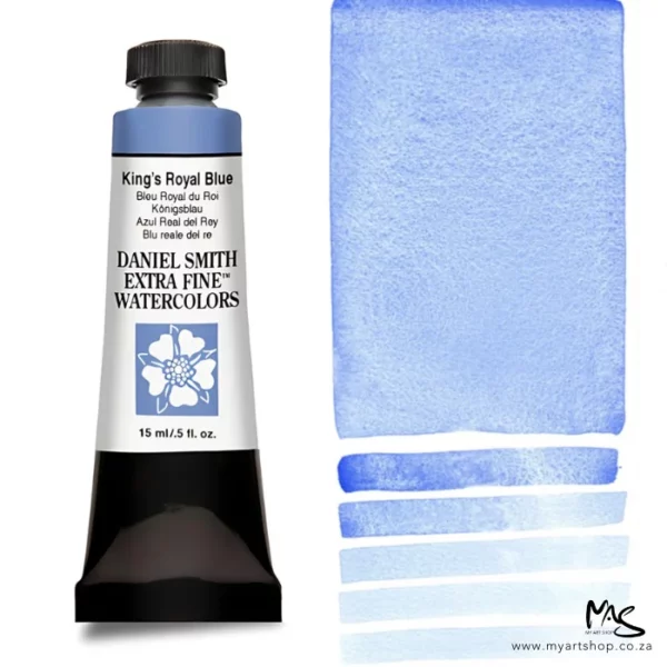 A tube of Sodalite King's Royal Blue S2 Daniel Smith Watercolour Paint is shown in the frame, to the left hand side of the frame vertically. The tube has a black plastic cap and a black base. The center of the tube is white and there is a colour band at the top of the tube, below the cap, that indicates the colour of the paint. There is black text on the front of the tube with the brand name and logo. To the right of the tube is a colour swatch which was made using the paint. In the colour swatch, you can see the paint undiluted and in a diluted form. The image is on a white background and is center of the frame.