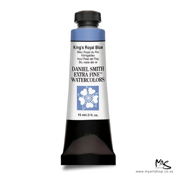 A tube of Sodalite King's Royal Blue S2 Daniel Smith Watercolour Paint is shown in the center of the frame. The tube has a black plastic cap and a black base. The center of the tube is white and there is a colour band at the top of the tube, below the cap, that indicates the colour of the paint. There is black text on the front of the tube with the brand name and logo. The cap is facing the top of the frame. The image is center of the frame and on a white background.