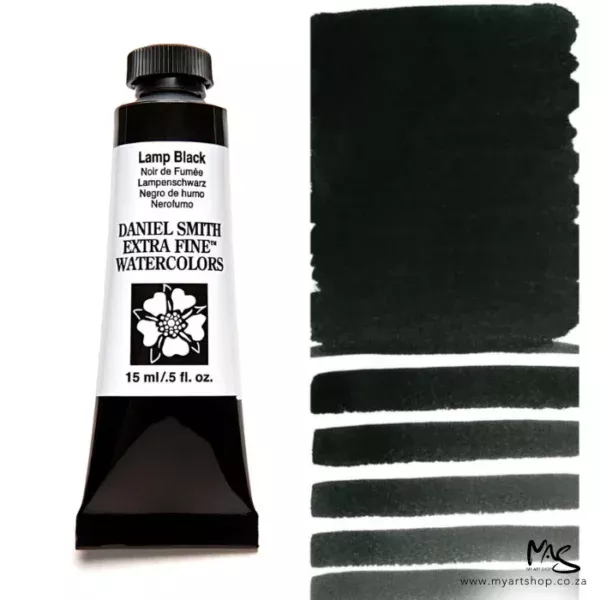 A tube of Lamp Black S1 Daniel Smith Watercolour Paint is shown in the frame, to the left hand side of the frame vertically. The tube has a black plastic cap and a black base. The center of the tube is white and there is a colour band at the top of the tube, below the cap, that indicates the colour of the paint. There is black text on the front of the tube with the brand name and logo. To the right of the tube is a colour swatch which was made using the paint. In the colour swatch, you can see the paint undiluted and in a diluted form. The image is on a white background and is center of the frame.
