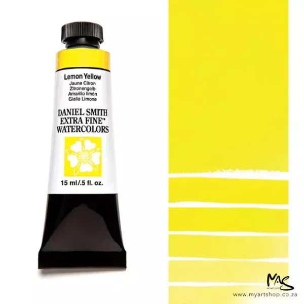 A tube of Lemon Yellow S1 Daniel Smith Watercolour Paint is shown in the frame, to the left hand side of the frame vertically. The tube has a black plastic cap and a black base. The center of the tube is white and there is a colour band at the top of the tube, below the cap, that indicates the colour of the paint. There is black text on the front of the tube with the brand name and logo. To the right of the tube is a colour swatch which was made using the paint. In the colour swatch, you can see the paint undiluted and in a diluted form. The image is on a white background and is center of the frame.