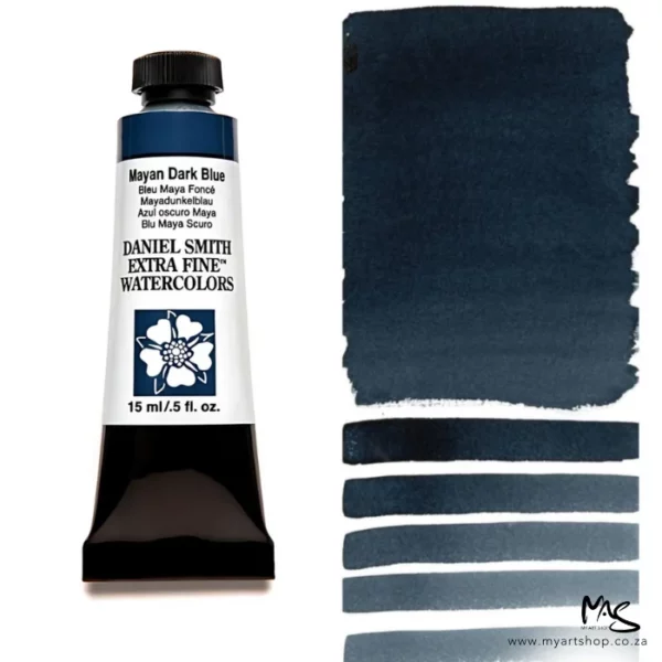 A tube of Mayan Dark Blue S3 Daniel Smith Watercolour Paint is shown in the frame, to the left hand side of the frame vertically. The tube has a black plastic cap and a black base. The center of the tube is white and there is a colour band at the top of the tube, below the cap, that indicates the colour of the paint. There is black text on the front of the tube with the brand name and logo. To the right of the tube is a colour swatch which was made using the paint. In the colour swatch, you can see the paint undiluted and in a diluted form. The image is on a white background and is center of the frame.