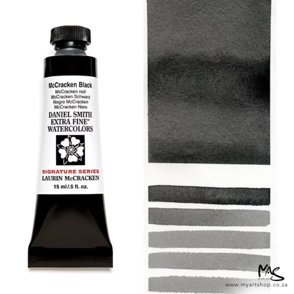 A tube of McCracken Black S2 Daniel Smith Watercolour Paint is shown in the frame, to the left hand side of the frame vertically. The tube has a black plastic cap and a black base. The center of the tube is white and there is a colour band at the top of the tube, below the cap, that indicates the colour of the paint. There is black text on the front of the tube with the brand name and logo. To the right of the tube is a colour swatch which was made using the paint. In the colour swatch, you can see the paint undiluted and in a diluted form. The image is on a white background and is center of the frame.