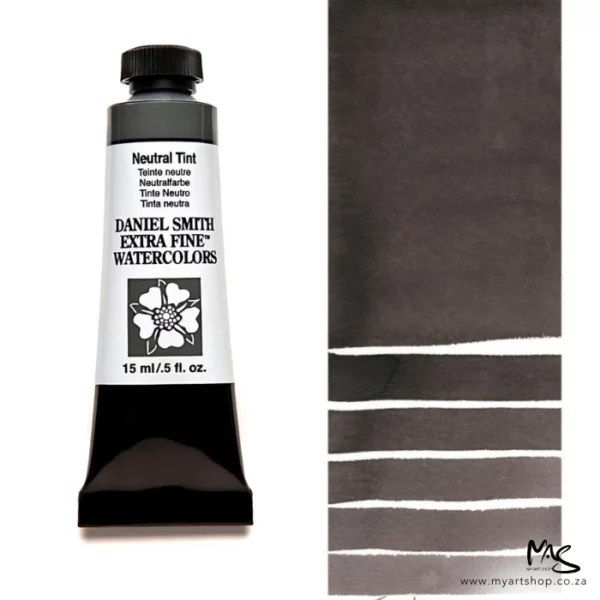 A tube of Neutral Tint S1 Daniel Smith Watercolour Paint is shown in the frame, to the left hand side of the frame vertically. The tube has a black plastic cap and a black base. The center of the tube is white and there is a colour band at the top of the tube, below the cap, that indicates the colour of the paint. There is black text on the front of the tube with the brand name and logo. To the right of the tube is a colour swatch which was made using the paint. In the colour swatch, you can see the paint undiluted and in a diluted form. The image is on a white background and is center of the frame.