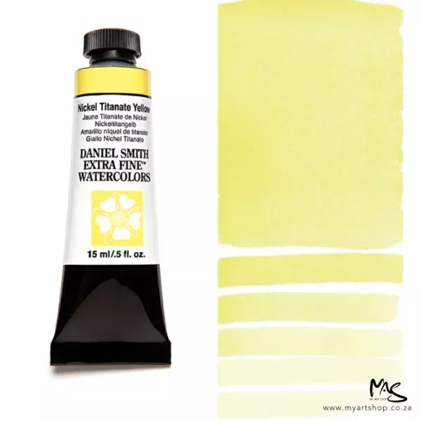 A tube of Nickel Titanate Yellow S1 Daniel Smith Watercolour Paint is shown in the frame, to the left hand side of the frame vertically. The tube has a black plastic cap and a black base. The center of the tube is white and there is a colour band at the top of the tube, below the cap, that indicates the colour of the paint. There is black text on the front of the tube with the brand name and logo. To the right of the tube is a colour swatch which was made using the paint. In the colour swatch, you can see the paint undiluted and in a diluted form. The image is on a white background and is center of the frame.