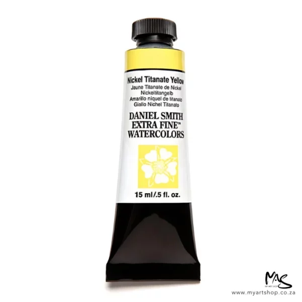 A tube of Nickel Titanate Yellow S1 Daniel Smith Watercolour Paint is shown in the center of the frame. The tube has a black plastic cap and a black base. The center of the tube is white and there is a colour band at the top of the tube, below the cap, that indicates the colour of the paint. There is black text on the front of the tube with the brand name and logo. The cap is facing the top of the frame. The image is center of the frame and on a white background.